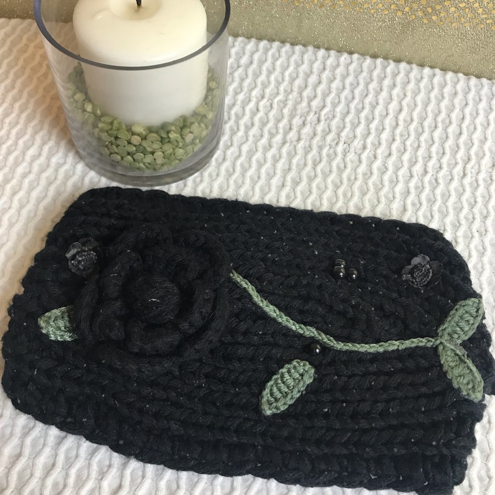 Crochet Headband with Floral and Beaded Accents